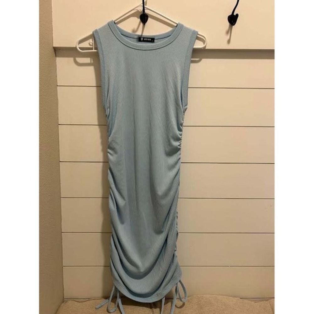 BTFBM Womens Ribbed Bodycon Dress Light Blue Ruched Side Drawstring Sleeveless M